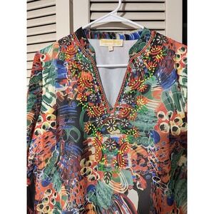 Banana Boat Multicolor Beach Shift Dress Size XL V-neck Above Knee‎ Long Sleeve